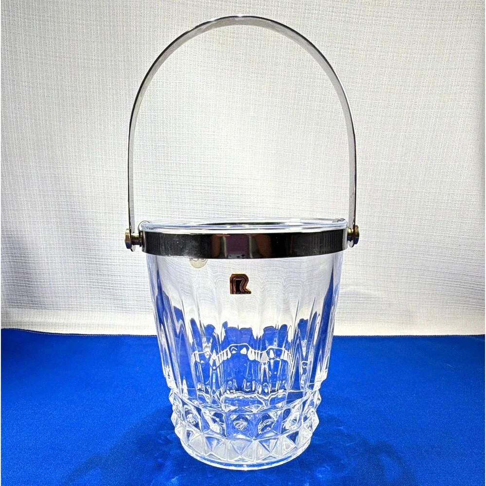 Cristal d'Arques France Crystal Ice Bucket Chrome Handle Metallic R Logo 5.25